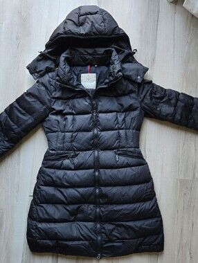 Moncler black flammette down coat